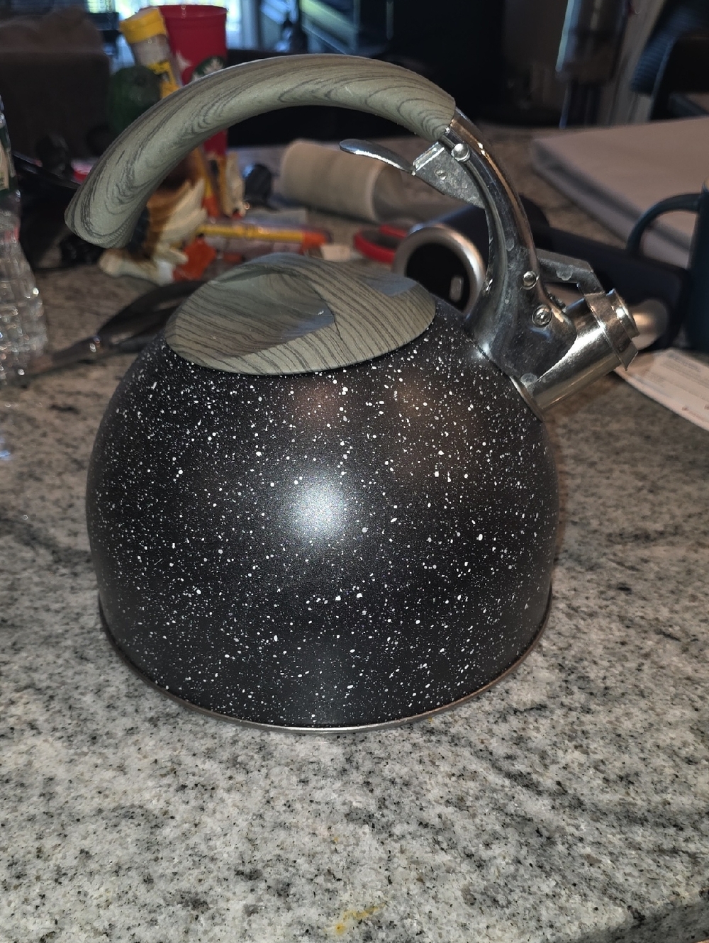 Speckled Black Whistling Tea Kettle with Wood-Effect Handle